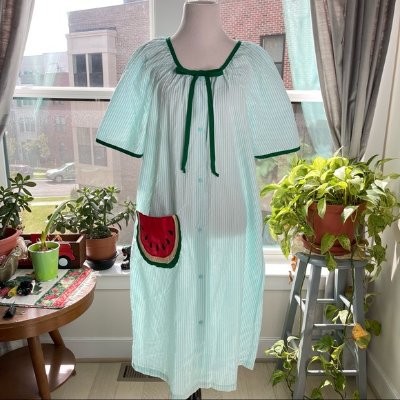 Vintage Dresses & Skirts - Vintage CW Classics Watermelon Pocket Striped House Sun Dress Loungewear Robe